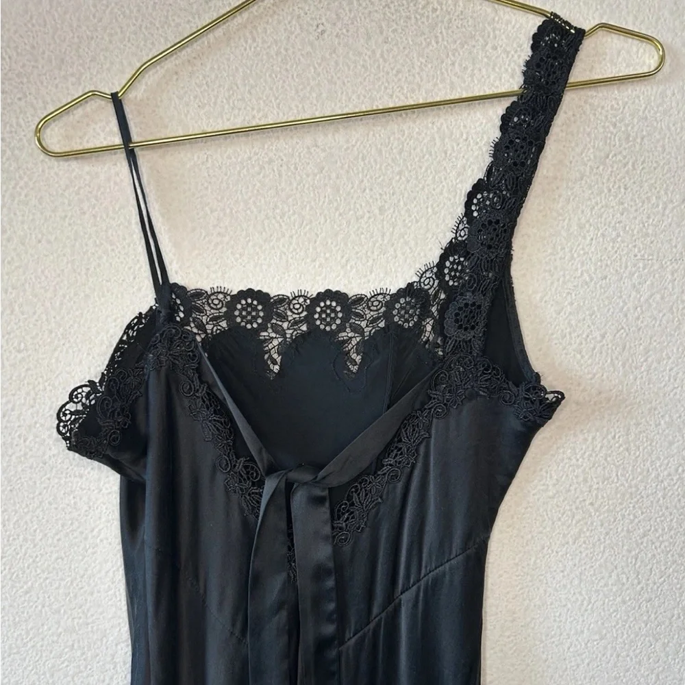 Vintage Y2K Black Silk Slip Dress Lace One Shoulder Maxi Goth S/M - Picture 11 of 13